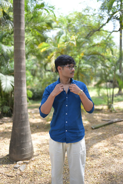 Chaudhar Slim Fit Royal Blue Linen Shirt