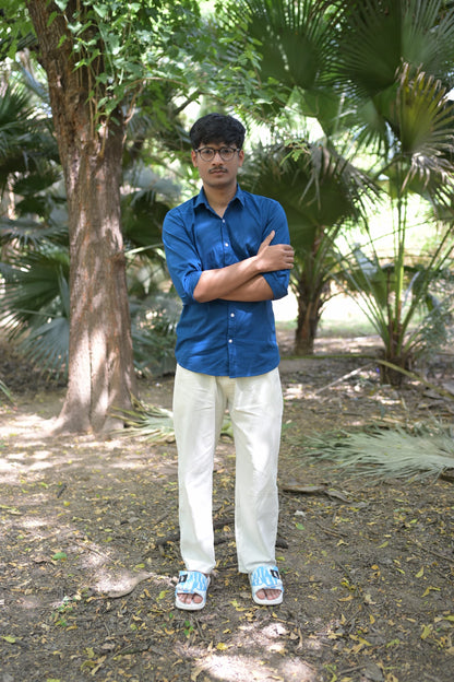 Royal Blue Slim Fit Linen Shirt With Lining Beige Trouser