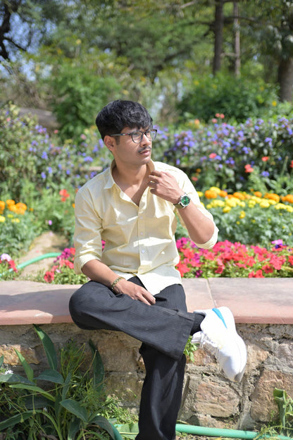 Chaudhar Slim Fit Yellow Linen Shirt