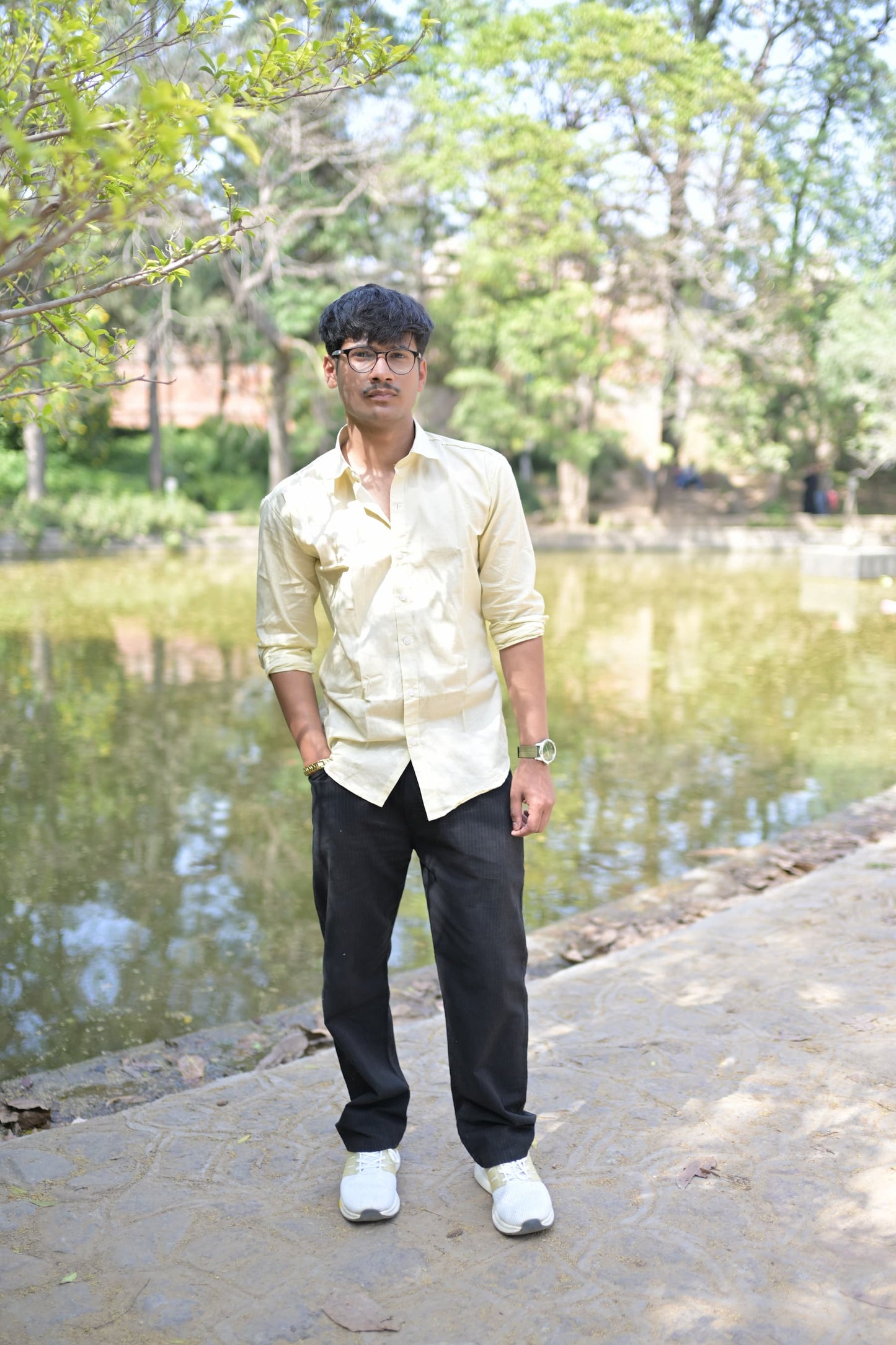 Yellow Slim Fit Linen Shirt With Plain Linen Black Trouser