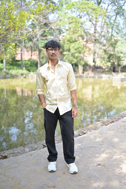 Yellow Slim Fit Linen Shirt With Plain Linen Black Trouser