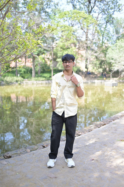 Yellow Slim Fit Linen Shirt With Plain Linen Black Trouser