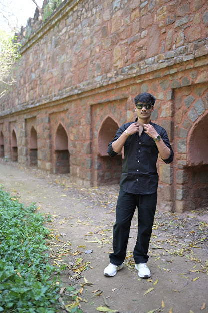 Black Slim Fit Linen Shirt With Lining Black Trouser