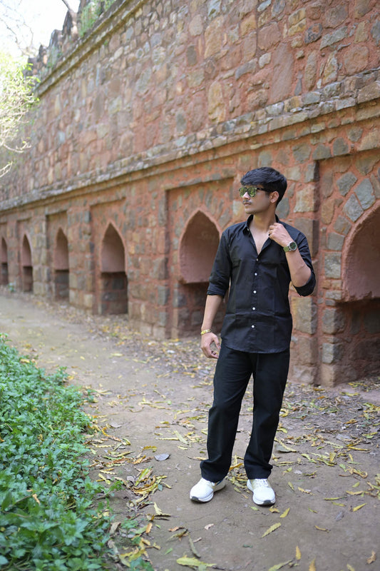 Chaudhar Slim Fit Black Linen Shirt