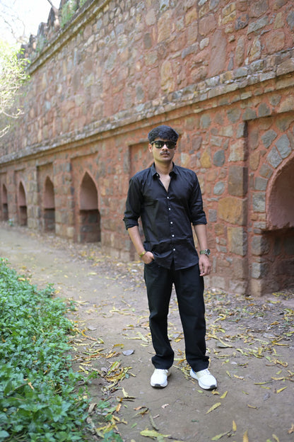 Chaudhar Slim Fit Black Linen Shirt