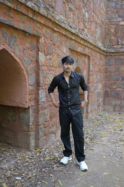 Black Slim Fit Linen Shirt With Lining Black Trouser