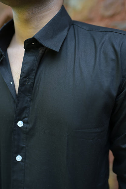 Black Slim Fit Linen Shirt With Plain Linen Beige Trouser