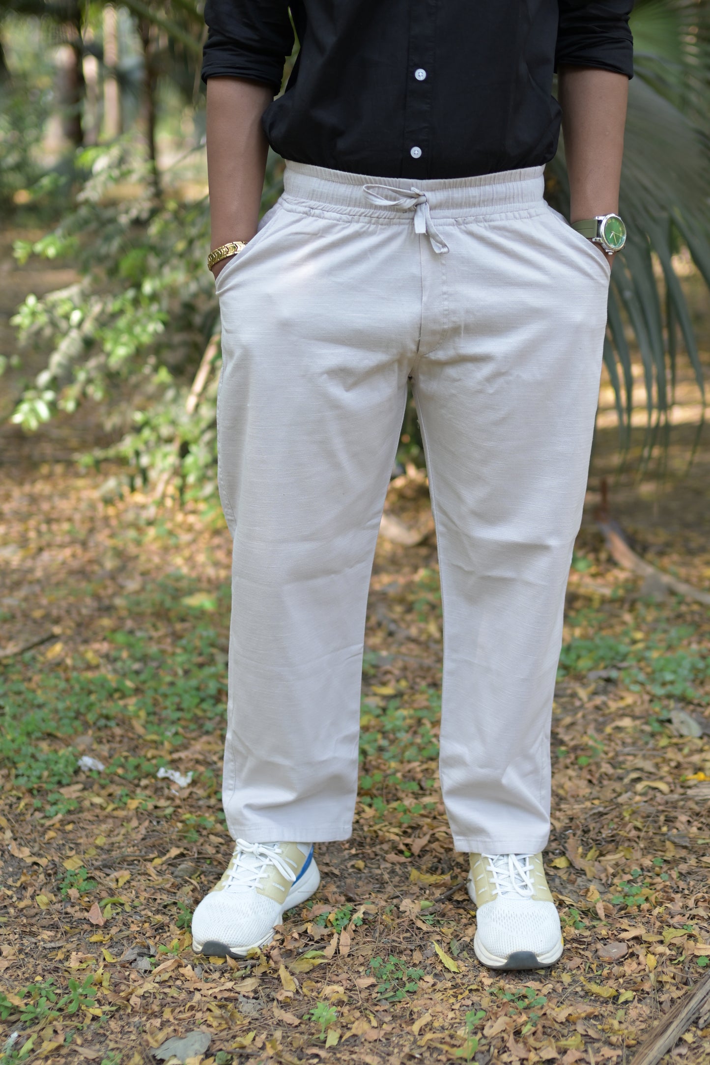 Black Slim Fit Linen Shirt With Plain Linen Beige Trouser