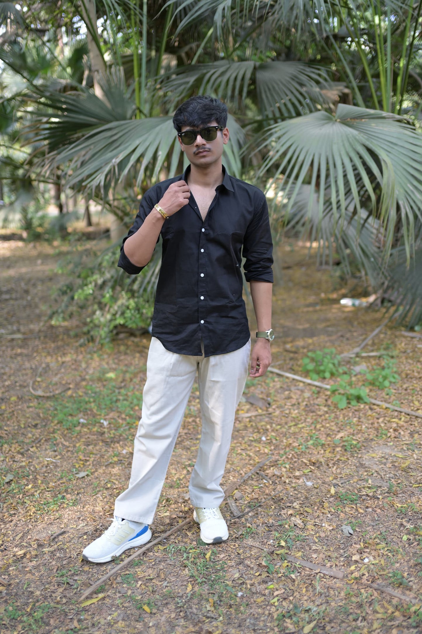 Black Slim Fit Linen Shirt With Plain Linen Beige Trouser