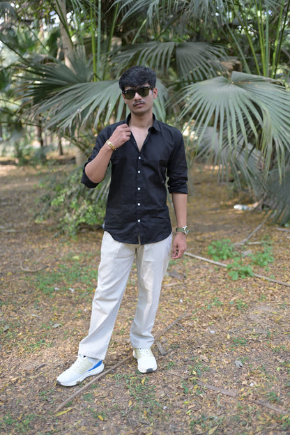 Black Slim Fit Linen Shirt With Plain Linen Beige Trouser