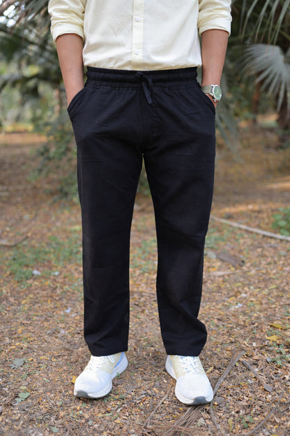 Yellow Slim Fit Linen Shirt With Plain Linen Black Trouser