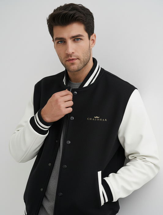 Chaudhar's Embroidered Black Varsity Jacket