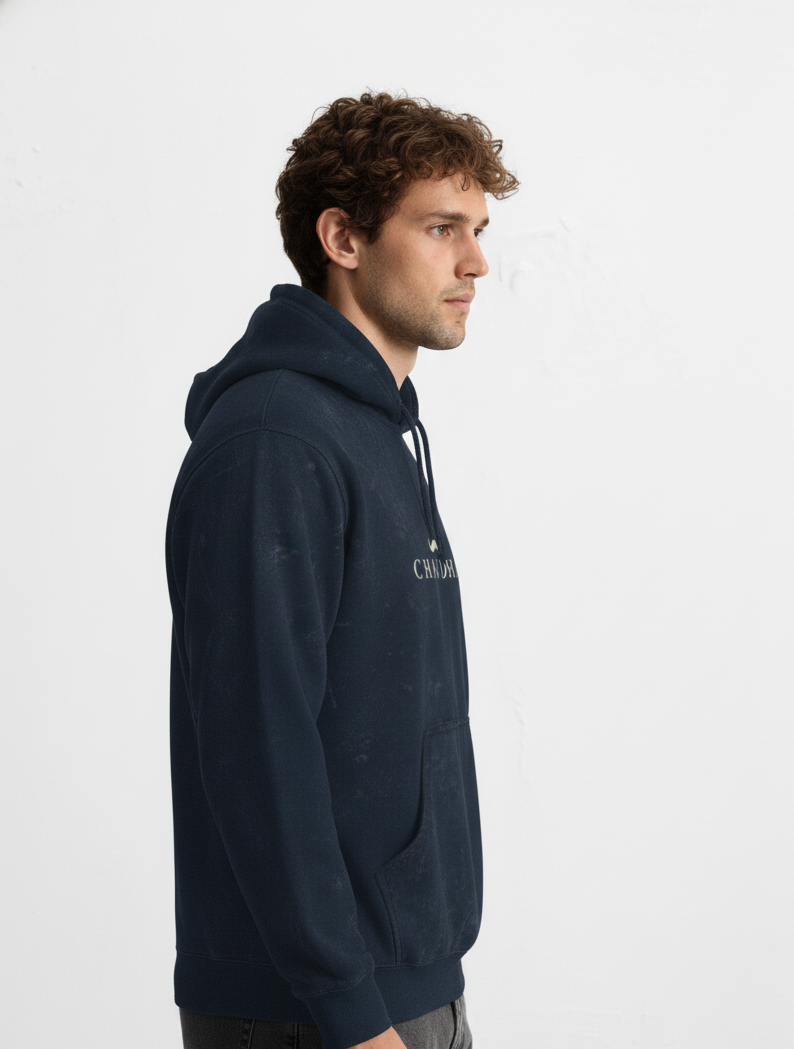 Chaudhar's  Acid Washed Pure Cotton Navy Blue Hoodie