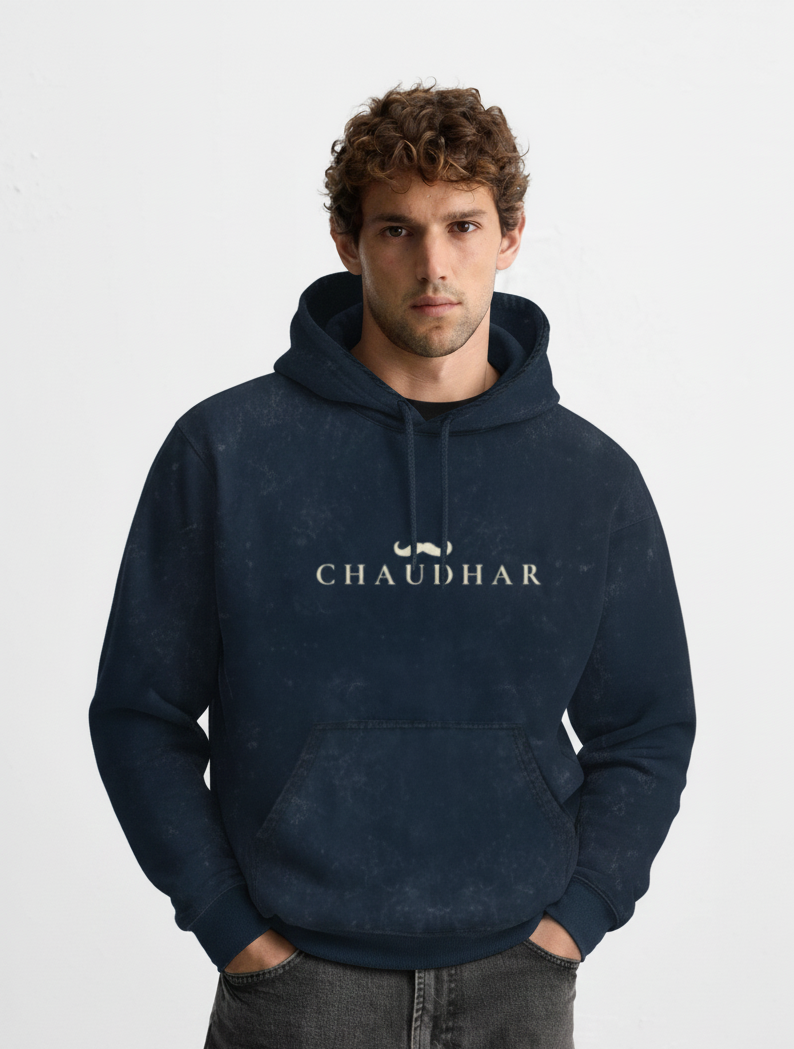 Chaudhar's  Acid Washed Pure Cotton Navy Blue Hoodie