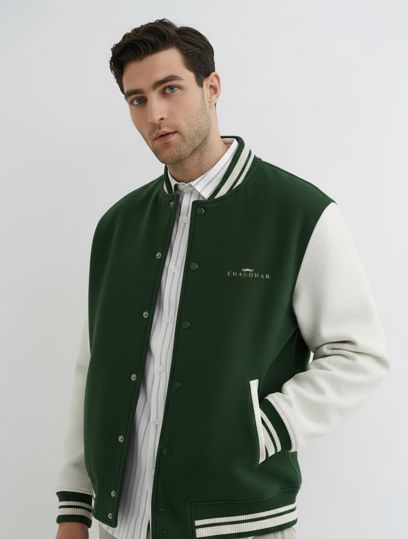 Chaudhar's Embroidered Dark Green Varsity Jacket
