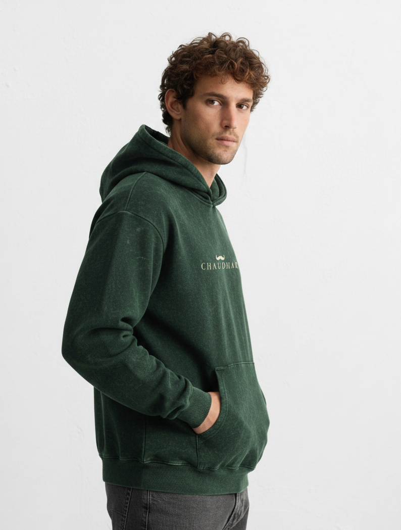 Chaudhar's Acid Washed Pure Cotton Dark Green Hoodie