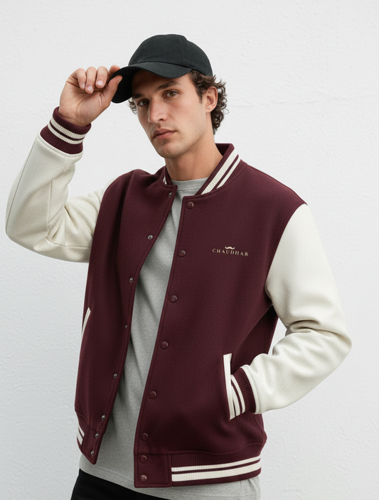 Chaudhar's Embroidered Maroon Varsity Jacket