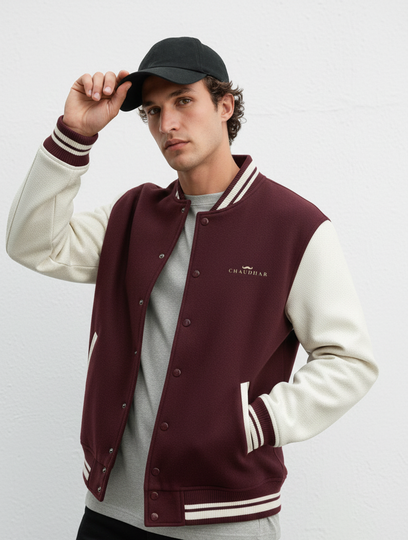 Chaudhar's Embroidered Maroon Varsity Jacket