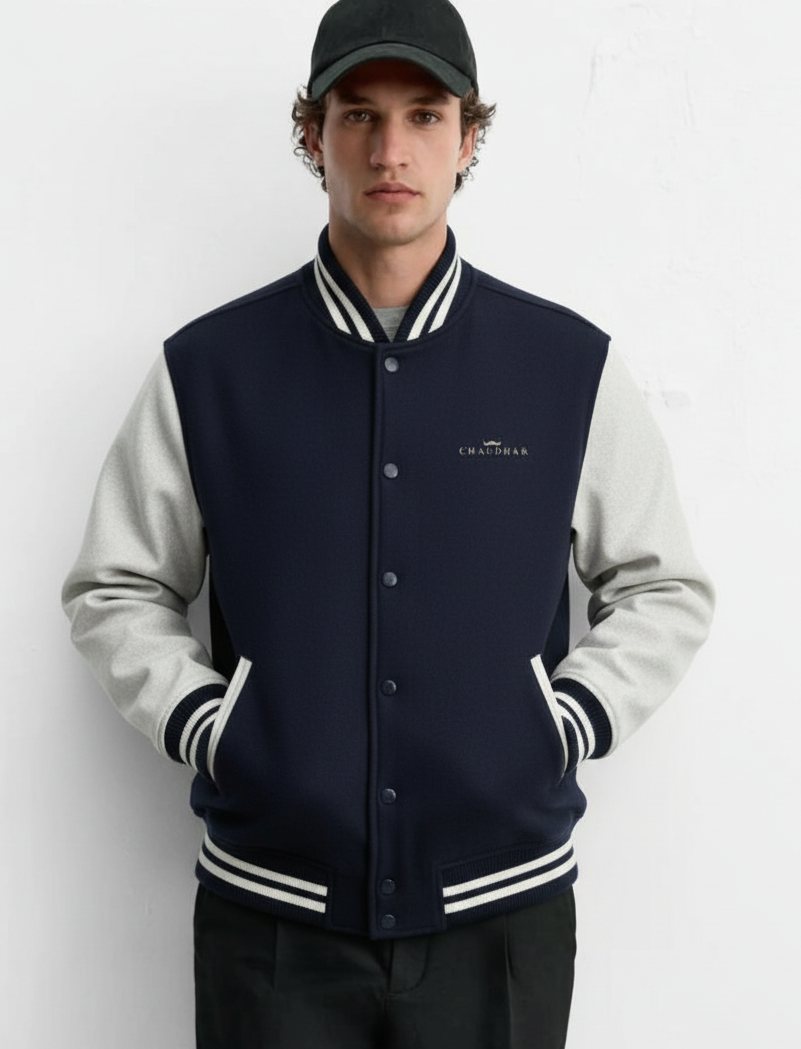 Chaudhar's Embroidered Navy Blue Varsity Jacket