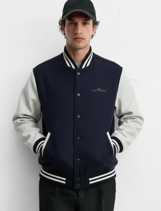 Chaudhar's Embroidered Navy Blue Varsity Jacket