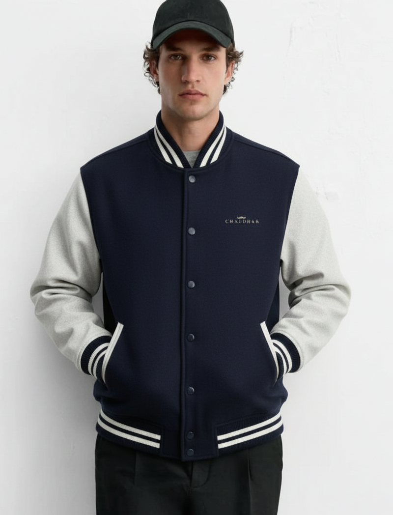 Chaudhar's Embroidered Navy Blue Varsity Jacket