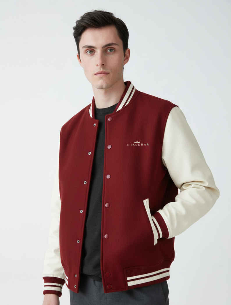Chaudhar's Embroidered Red Varsity Jacket
